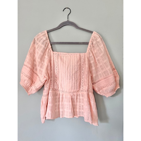Jennifer & Grace Tops - Jennifer & Grace Cotton Eyelet Lace Puff Sleeve Babydoll Blouse Pink Medium NWT